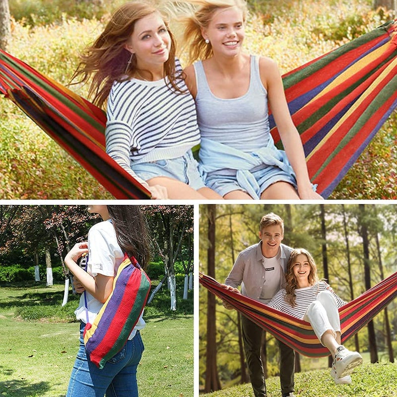 COSKIRA COSKIRA Canvas Cotton Hammock with Carrying bag Travel Beach Backyard etc Camping Hammock Striped Canvas Fabric Portable Garden Hammocks Ultralight Outdoor Beach Swing Bed with Strong Rope 200cm x 150cm  - Image 4