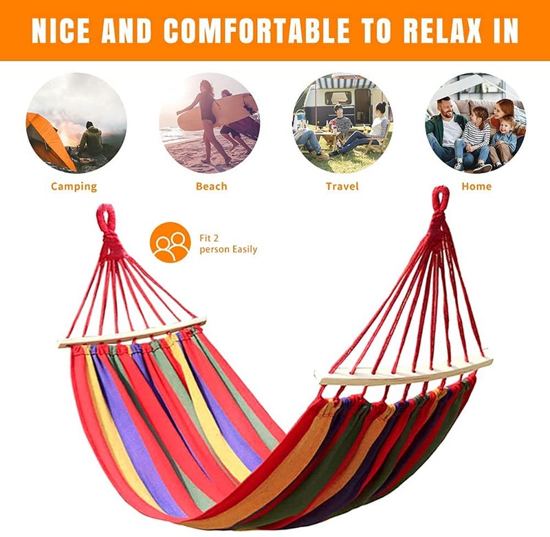 COSKIRA COSKIRA Canvas Cotton Hammock with Carrying bag Travel Beach Backyard etc Camping Hammock Striped Canvas Fabric Portable Garden Hammocks Ultralight Outdoor Beach Swing Bed with Strong Rope 200cm x 150cm  - Image 2