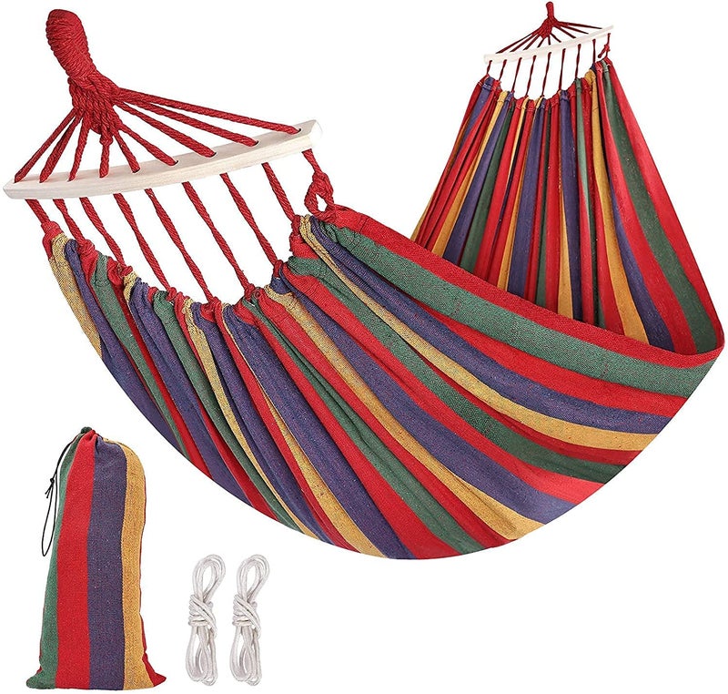 COSKIRA COSKIRA Canvas Cotton Hammock with Carrying bag Travel Beach Backyard etc Camping Hammock Striped Canvas Fabric Portable Garden Hammocks Ultralight Outdoor Beach Swing Bed with Strong Rope 200cm x 150cm  - Image 5
