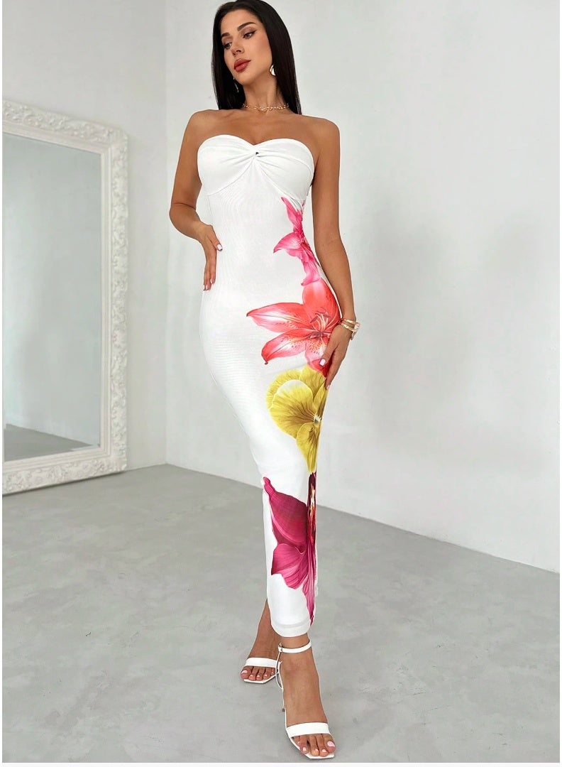 Shein Elegant Romantic Floral Print Twist Bodycon Maxi Dress, Suitable For Date, Wedding, Holiday - Image 1