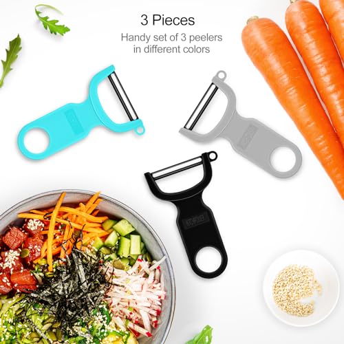 KITCHPOWER Original Vegetable Peeler, Potato Peelers for kitchen Carbon Steel Blade 3-Pack Grey/Blue/Black - Image 2