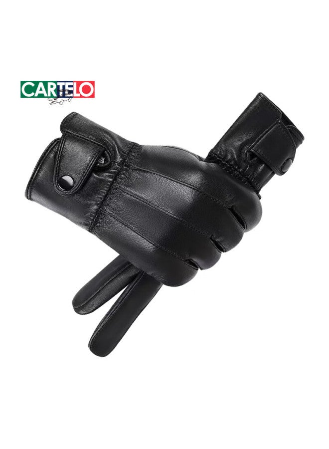 Cartelo Men's Genuine Leather Gloves Autumn Winter Fleece Lined Thickened Windproof Warm Lambskin Riding Driving Gloves - Image 2