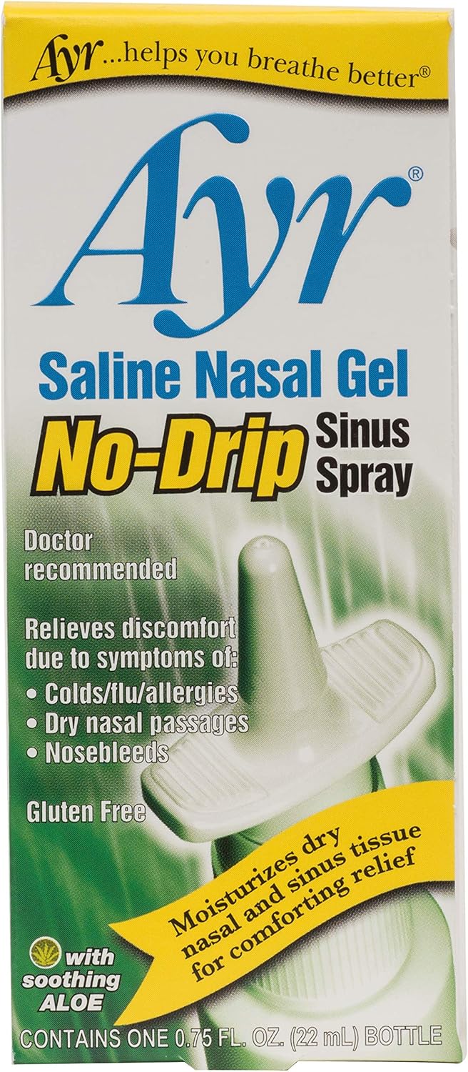 AYR Ayr Saline Nasal Gel No-drip Sinus Spray With Soothing Aloe Vera, 0.75 Fl Oz Spray Bottle, (Pack of 1)