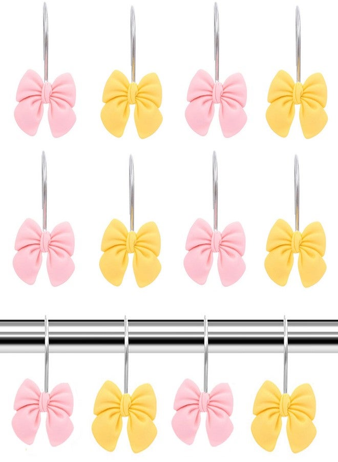 Hdtyyln 12Pcs Shower Curtain Hooks, Pink Yellow Bow Resin Shower Curtain Hooks, Cute Decorative Girly Metal Hangers, Lovely Girls Curtain Rings for Home Dormitory Bathroom Waterproof Decor, Rust Proof - Image 1