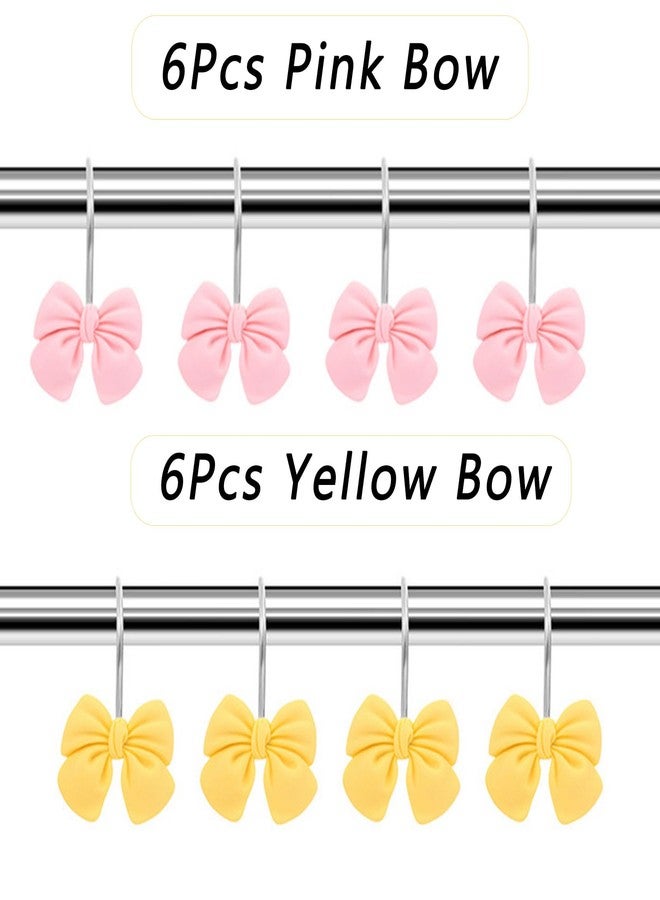 Hdtyyln 12Pcs Shower Curtain Hooks, Pink Yellow Bow Resin Shower Curtain Hooks, Cute Decorative Girly Metal Hangers, Lovely Girls Curtain Rings for Home Dormitory Bathroom Waterproof Decor, Rust Proof - Image 2