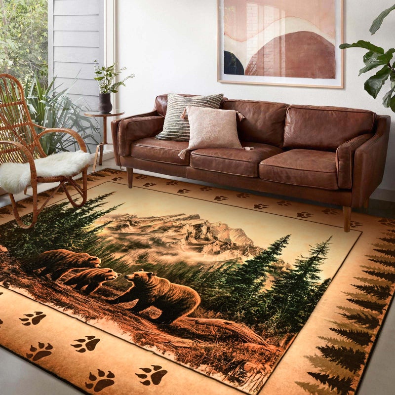 FRAMICS Rustic Cabin Area Rug 5x7, Farmhouse Lodge Bear Moose Deer Rug Washable Non Slip,Country Wildlife Area Rugs for Living Room Bedroom, Soft Faux Wool Throw Rugs Carpet Low Pile, Vintage Decor - Image 1