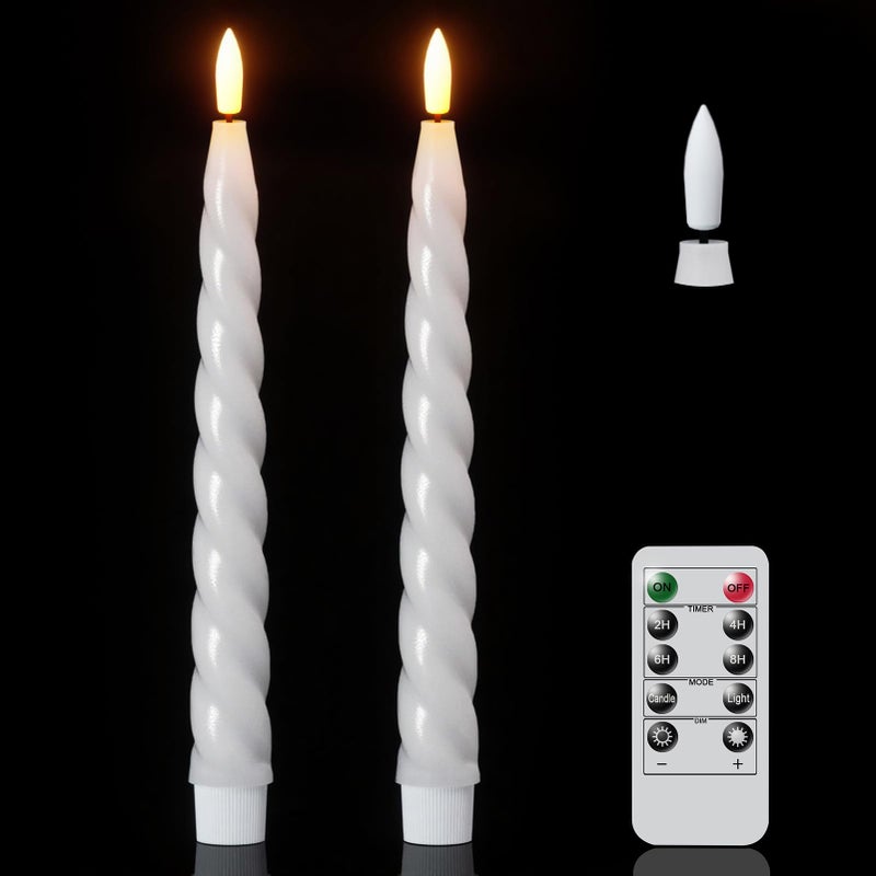 Eldnacele Flameless Flickering Taper Candles with Remote and Timer, Battery Operated Spiral Window Real Wax Candles White LED Candlesticks for Dinner Home Indoor Holiday Decor(2pcs, D0.78Ã—H9.75) - Image 1