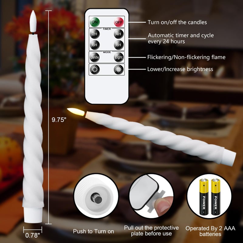 Eldnacele Flameless Flickering Taper Candles with Remote and Timer, Battery Operated Spiral Window Real Wax Candles White LED Candlesticks for Dinner Home Indoor Holiday Decor(2pcs, D0.78Ã—H9.75) - Image 2