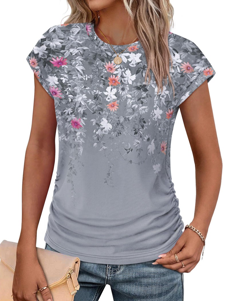 SAMPEEL Blouses for Women Dressy Casual Tops Summer Outfits Business Casual Work Clothes Maternity Ladies Shirts Trendy Date Night Outfit for Women Fahion 2026 Grey Floral M - Image 1