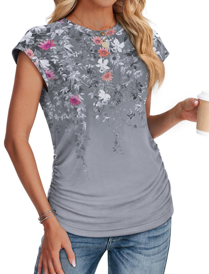 SAMPEEL Blouses for Women Dressy Casual Tops Summer Outfits Business Casual Work Clothes Maternity Ladies Shirts Trendy Date Night Outfit for Women Fahion 2026 Grey Floral M - Image 3