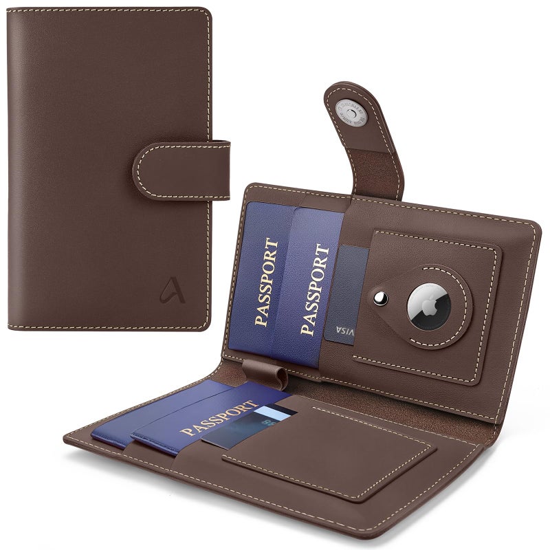 ALLIVE Family Passport Holder, Rfid Blocking Passport Wallet with AirTag Slot, Genuine Leather Travel Document Organizer for Women & Men, Airport Essentials, Travel Gift (Coffee Brown) - Image 1