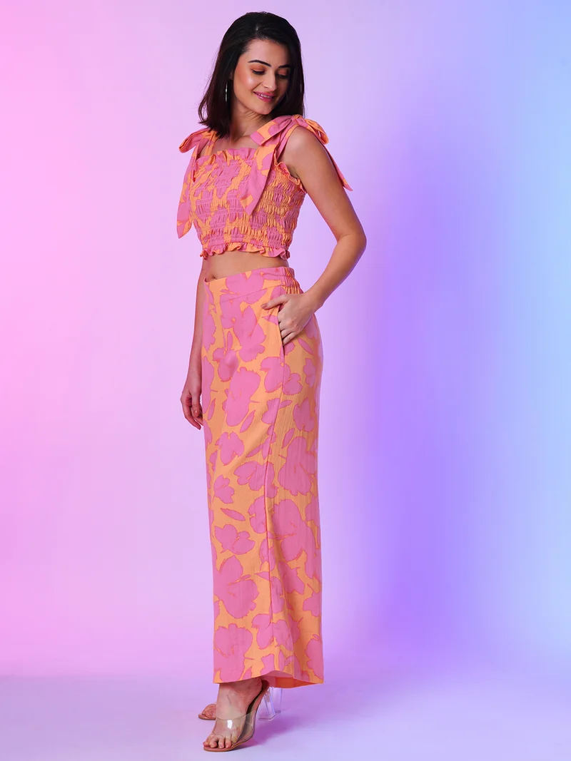 globus Women Floral Printed Smocked Co Ord Set