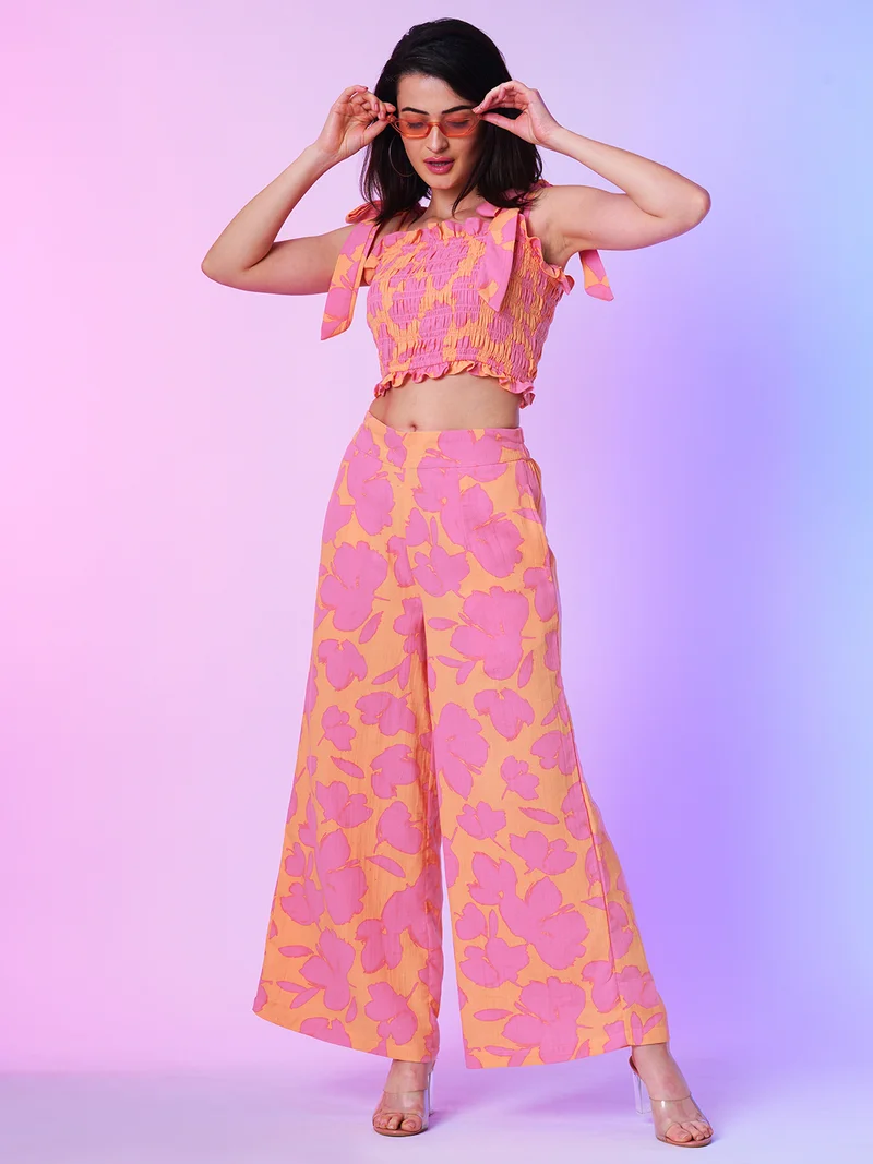 globus Women Floral Printed Smocked Co Ord Set