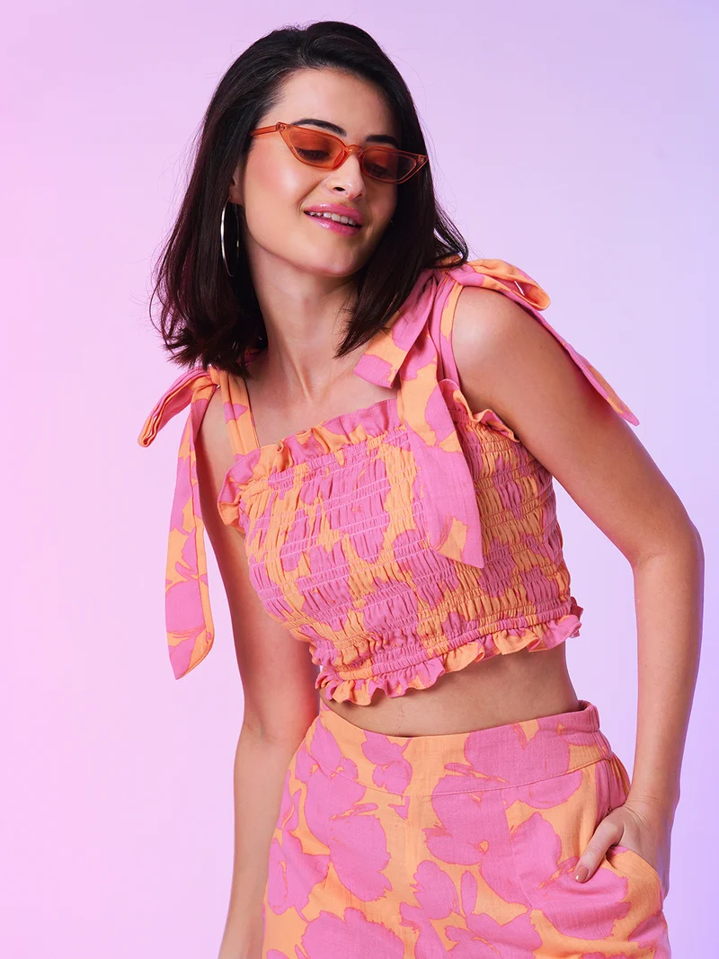 globus Women Floral Printed Smocked Co Ord Set