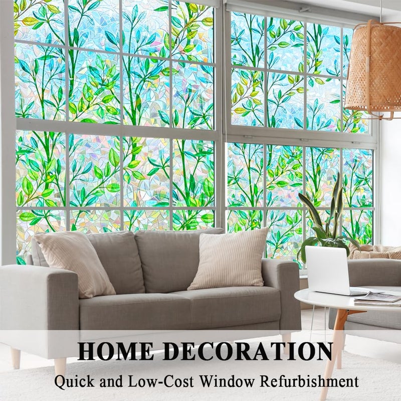 Mikomer Stained Glass Privacy Window Film 3D Prism Green Leaves Sliding Door Cover Static Cling Rainbow Suncatcher Coverage Tint Anti UV Heat Control No Glue Resuable Home Office,17.5x78.7in. - Image 3