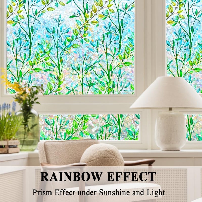 Mikomer Stained Glass Privacy Window Film 3D Prism Green Leaves Sliding Door Cover Static Cling Rainbow Suncatcher Coverage Tint Anti UV Heat Control No Glue Resuable Home Office,17.5x78.7in. - Image 4