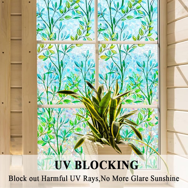Mikomer Stained Glass Privacy Window Film 3D Prism Green Leaves Sliding Door Cover Static Cling Rainbow Suncatcher Coverage Tint Anti UV Heat Control No Glue Resuable Home Office,17.5x78.7in. - Image 5