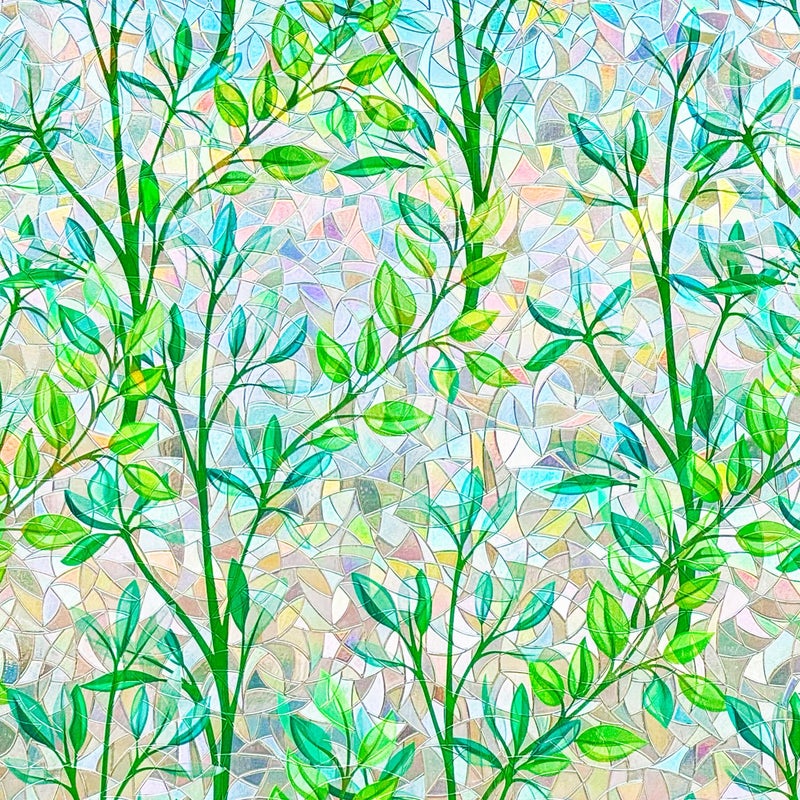 Mikomer Stained Glass Privacy Window Film 3D Prism Green Leaves Sliding Door Cover Static Cling Rainbow Suncatcher Coverage Tint Anti UV Heat Control No Glue Resuable Home Office,17.5x78.7in. - Image 1