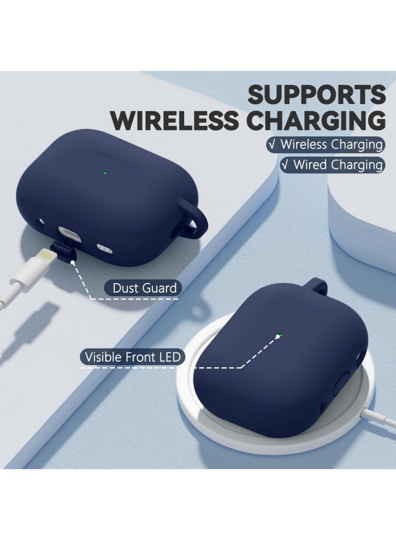 غطاء حماية كامل من السيليكون لسماعات Apple AirPods Pro 3/AirPods Pro الجيل الثالث مع سلسلة مفاتيح، مع إضاءة LED أمامية مرئية (أزرق داكن) - Image 2