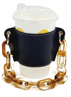 SYOSI Reusable Coffee Cup Holder, Portable Chain Leather Handy Water Holder for Cold and Hot Drinks Lovers Gifts Women (Black)  - Image 1