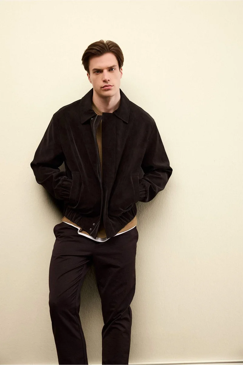 Defacto  Relax Fit Lined Zip-Up Suede Jacket for Men | Best Price UAE