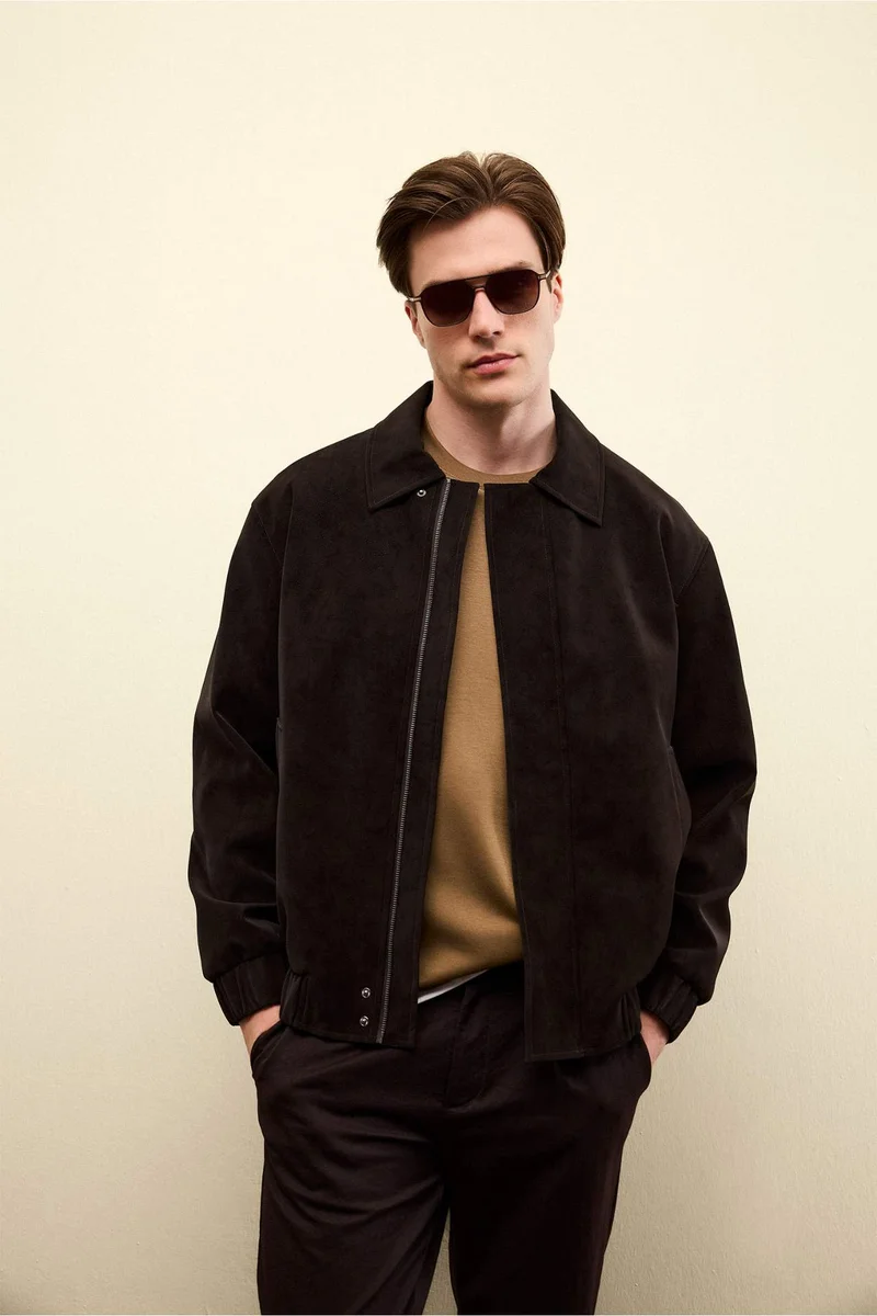 ديفاكتو Relax Fit Lined Zip-Up Suede Jacket
