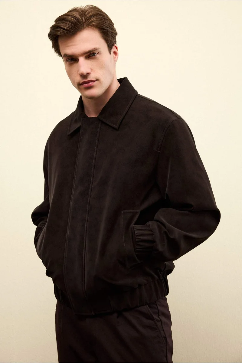 Defacto  Relax Fit Lined Zip-Up Suede Jacket for Men | Best Price UAE