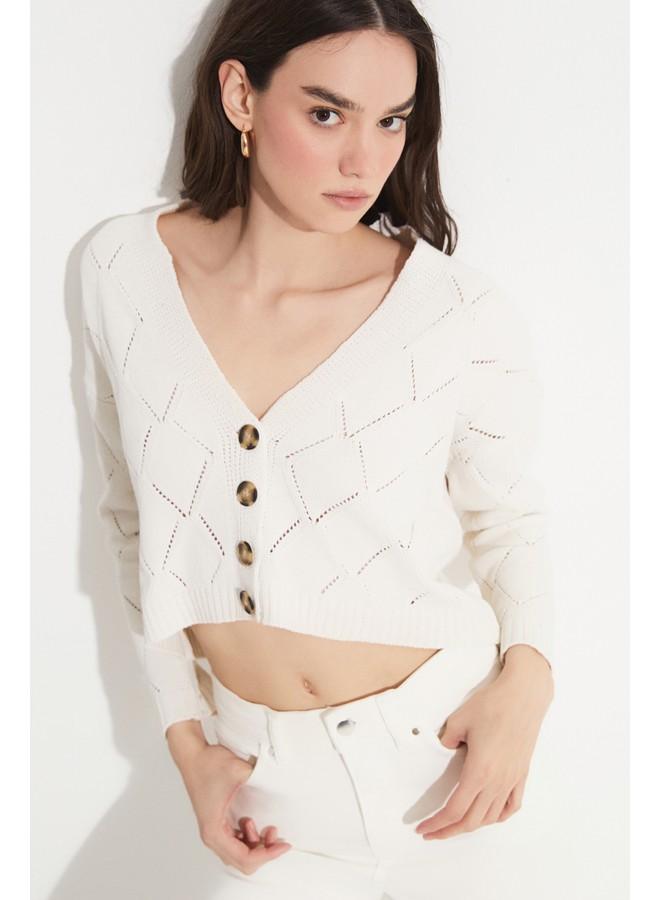 June Lacy V-Neck Crop Cardigan Ecru - Image 1