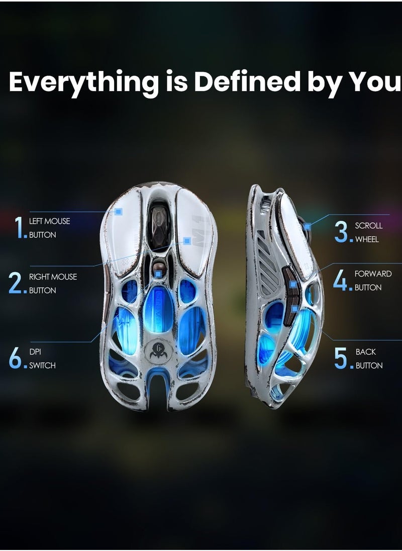 GravaStar  Mercury M1 Pro Wireless Gaming Mouse Battle-Worn Silver Mist, Battle-Worn Alloy Elegance, PAW3395 sensor, 200/146 Hours Battery Life, 650 IPS Maximum Acceleration, 26000 DPI High-Resolution Sensitivity.