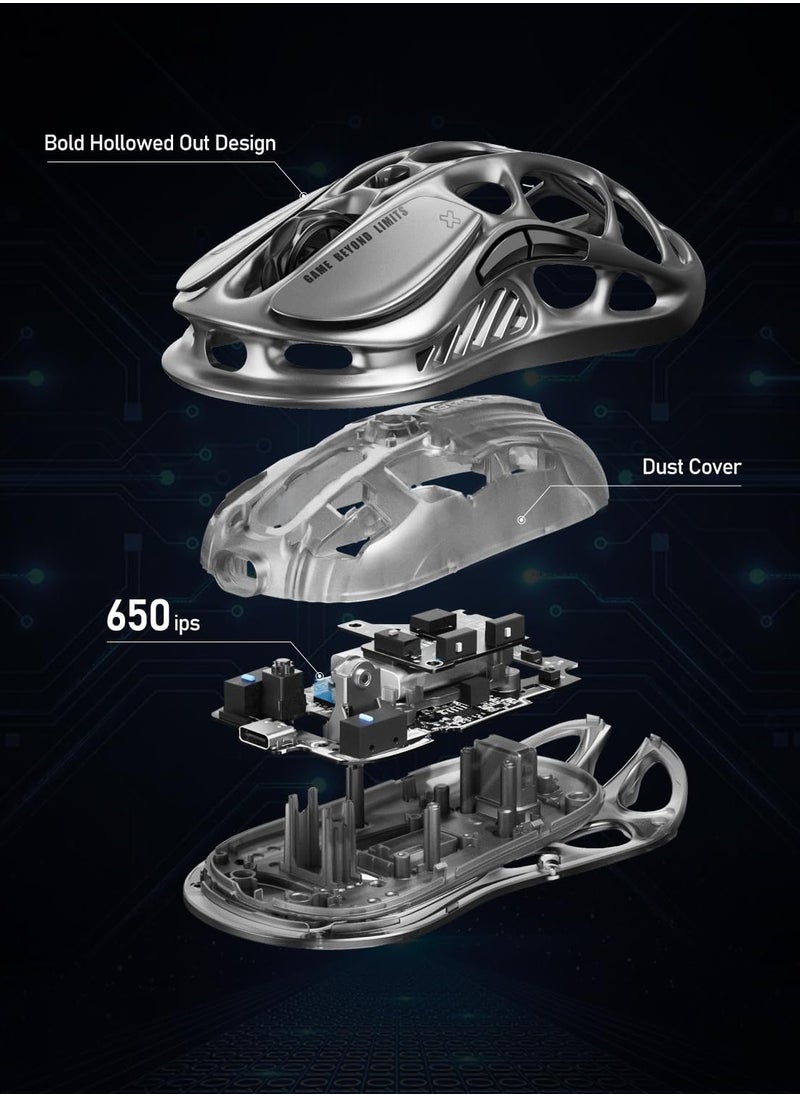 GravaStar  Mercury M1 Pro Wireless Gaming Mouse Battle-Worn Silver Mist, Battle-Worn Alloy Elegance, PAW3395 sensor, 200/146 Hours Battery Life, 650 IPS Maximum Acceleration, 26000 DPI High-Resolution Sensitivity.