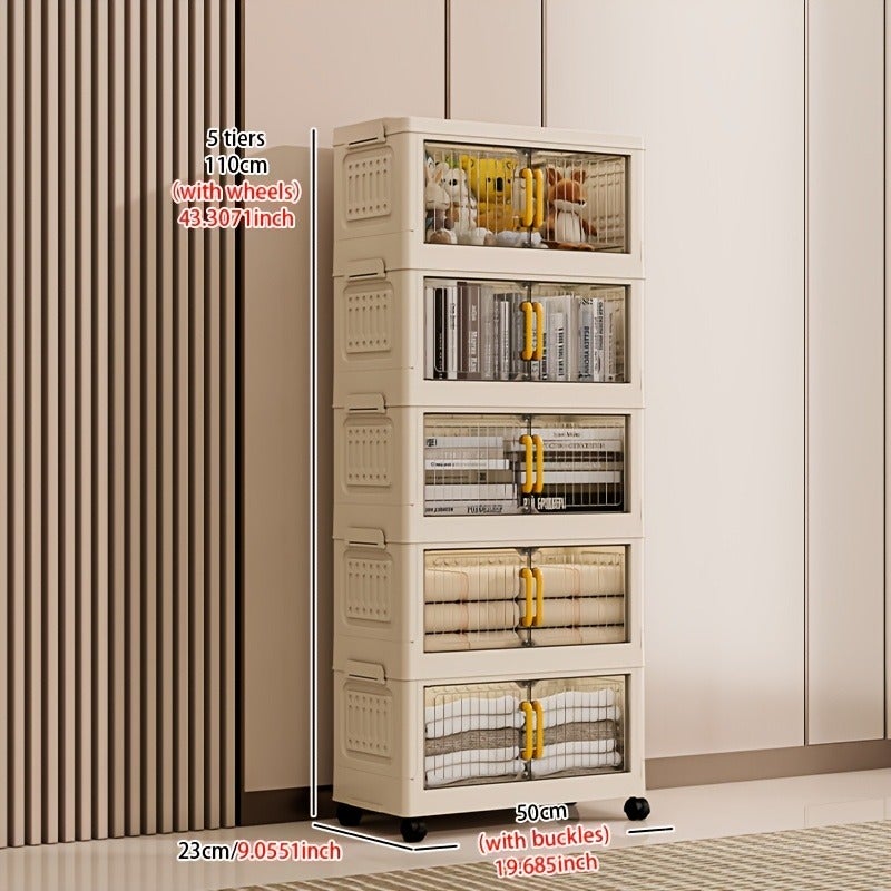Thickened Large-Capacity 3-Tier/ 4-Tier/ 5-Tier Multi-Layer Plastic Folding Storage Cabinet Heavy-Duty Floor-Standing Organizer Smooth Casters for Home Office Kitchen Bathroom Space-Saving And Easy to Assemble - Image 1