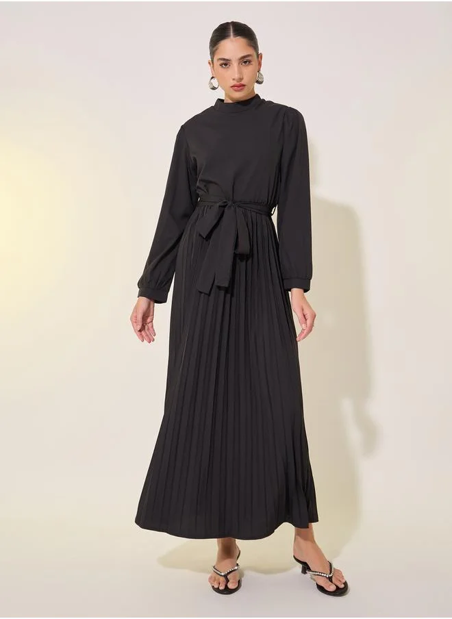 Styli Solid High Neck Long Sleeve Pleated Waist Tie Maxi Dress