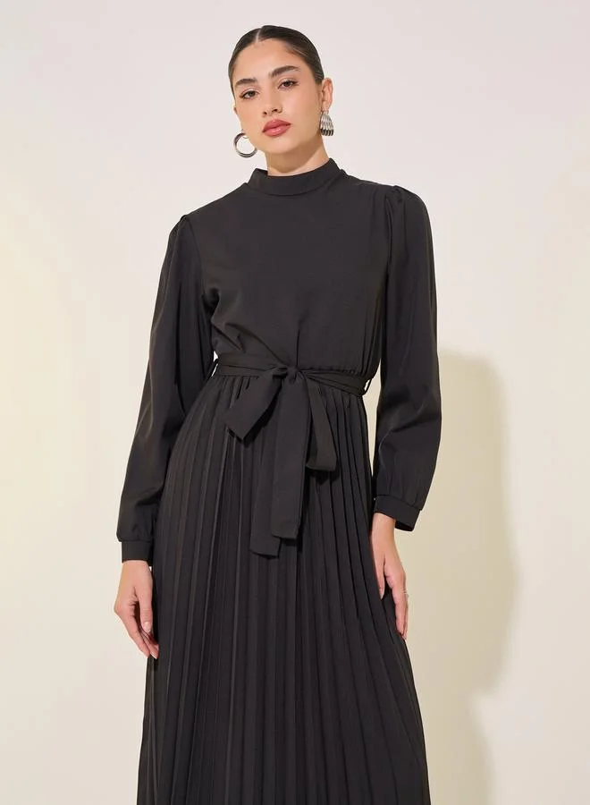 تايك تو Solid High Neck Long Sleeve Pleated Waist Tie Maxi Dress