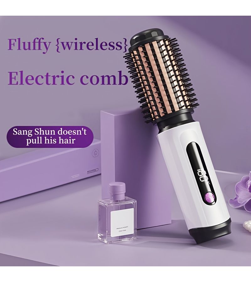 White Wireless 2 in 1 LCD Curling Straightening Brush Heated Comb - Image 1
