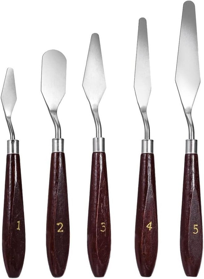 Eclet Palette Painting Knives - Set of 5 Various Sizes & Shapes, Stainless Steel Scraper Spatula with Polished Brown Handle for Artist Canvas Oil Paint Mixing Colour(E) - Image 1