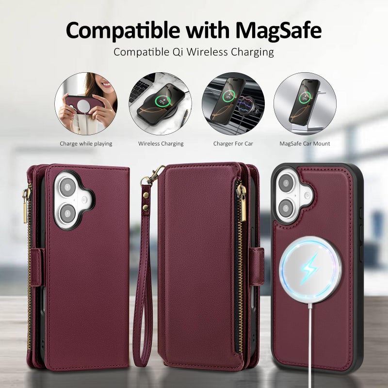Antsturdy Compatible with Magsafe Magnetic 2 in 1 Detachable iPhone 16 Wallet Case with Credit Card Holder Slots,PU Leather Flip RFID Blocking Phone Cover Wrist Strap Zipper Women Men,Wine Red - Image 5