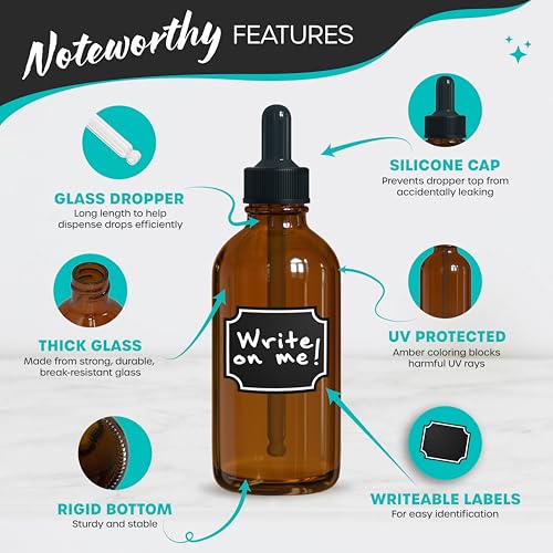 Nevlers 4 oz Amber Glass Dropper Bottle 24 Pack | Glass Tincture Bottles with Dropper for Oils, Medicine & Serums | Leakproof Amber Bottles Set w/Label Stickers, Marker, Funnel, Brush & Shrink Wrap - Image 2