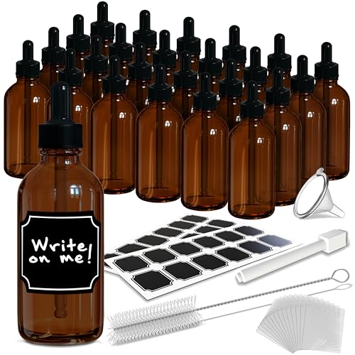 Nevlers 4 oz Amber Glass Dropper Bottle 24 Pack | Glass Tincture Bottles with Dropper for Oils, Medicine & Serums | Leakproof Amber Bottles Set w/Label Stickers, Marker, Funnel, Brush & Shrink Wrap - Image 1