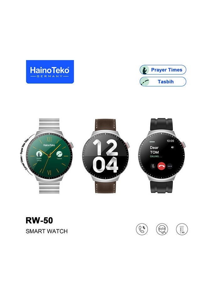 Haino Teko RW50 Super Max Size Round Shape Curved AMOLED Display Smart Watch With 3 Pair Straps For Gents and Boys Silver - Image 1