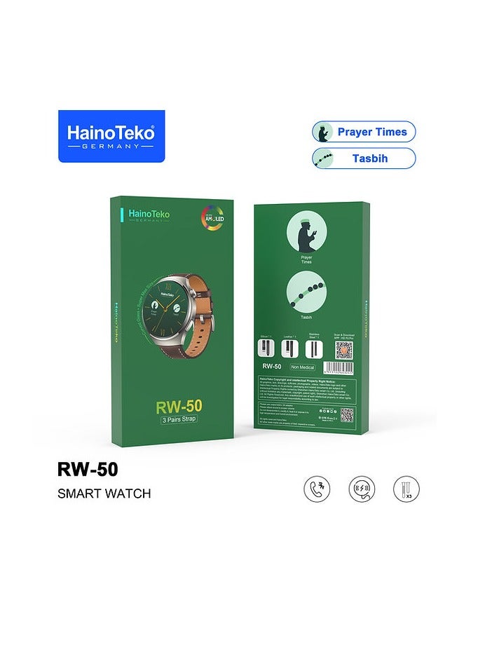 Haino Teko RW50 Super Max Size Round Shape Curved AMOLED Display Smart Watch With 3 Pair Straps For Gents and Boys Silver - Image 2