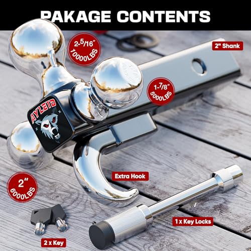 Ayleid Trailer Hitch Tri-Ball Mount with Hook & Pin Balls Sized 1-7/8, 2 & 2-5/16 inches, Tow Hitch with Anti-Theft Locking Pin, Silver - Image 4