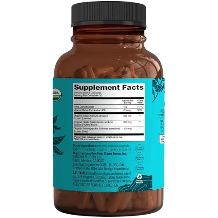 Four Sigmatic Calm Capsules | Vegan Stress Relief Supplement to Promote Positive Mood with Organic Ashwagandha Powder, Organic Reishi Mushroom, Tulsi (Holy Basil Extract), Vitamin B6 | 30 Servings - Image 2