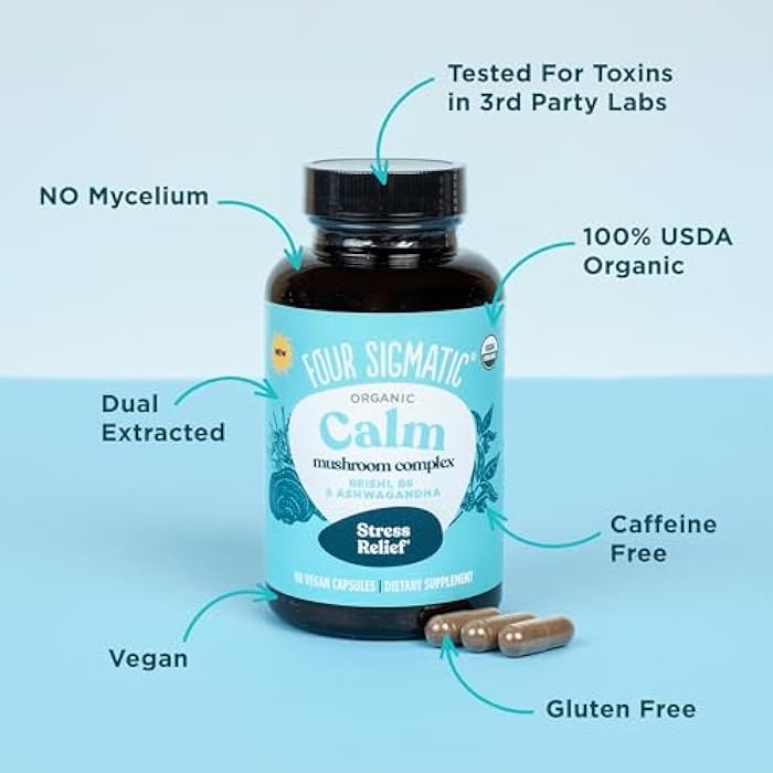 Four Sigmatic Calm Capsules | Vegan Stress Relief Supplement to Promote Positive Mood with Organic Ashwagandha Powder, Organic Reishi Mushroom, Tulsi (Holy Basil Extract), Vitamin B6 | 30 Servings - Image 4