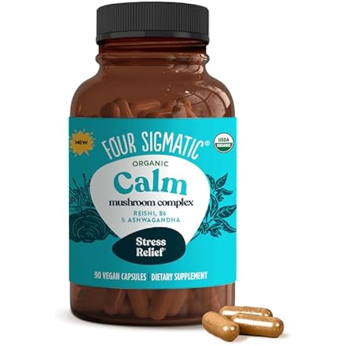 Four Sigmatic Calm Capsules | Vegan Stress Relief Supplement to Promote Positive Mood with Organic Ashwagandha Powder, Organic Reishi Mushroom, Tulsi (Holy Basil Extract), Vitamin B6 | 30 Servings - Image 1