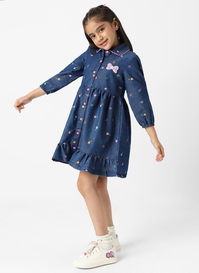 Nautinati Girls' Denim Shirt Dress With Puff Sleeves