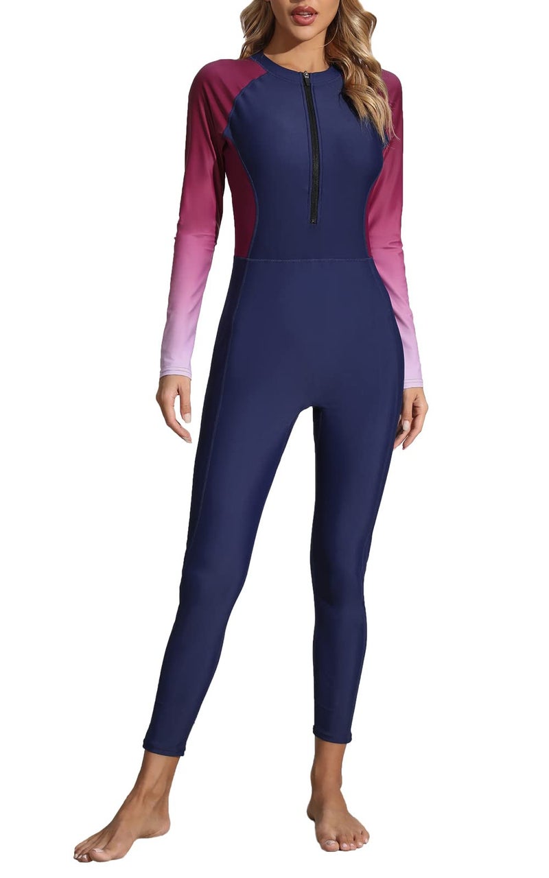 ALLTOKE Womens Full Body Zip Front Rash Guard Long Sleeve One Piece Bathing Suit with Built in Bra UPF50 Surf Swimsuit Navy Ombre Burgundy XL