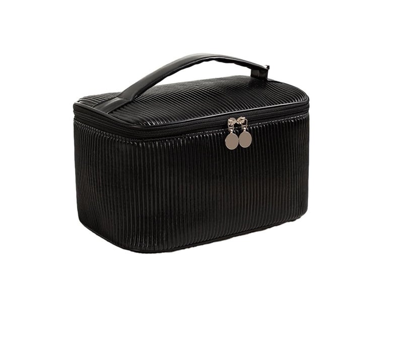 BLUE BEADS Cosmetic Vanity Bag PU Leather with Makeup Brush Bag Multifunction Toiletries Organizer Toiletry Bag for Women and Girls (Black) - Image 1
