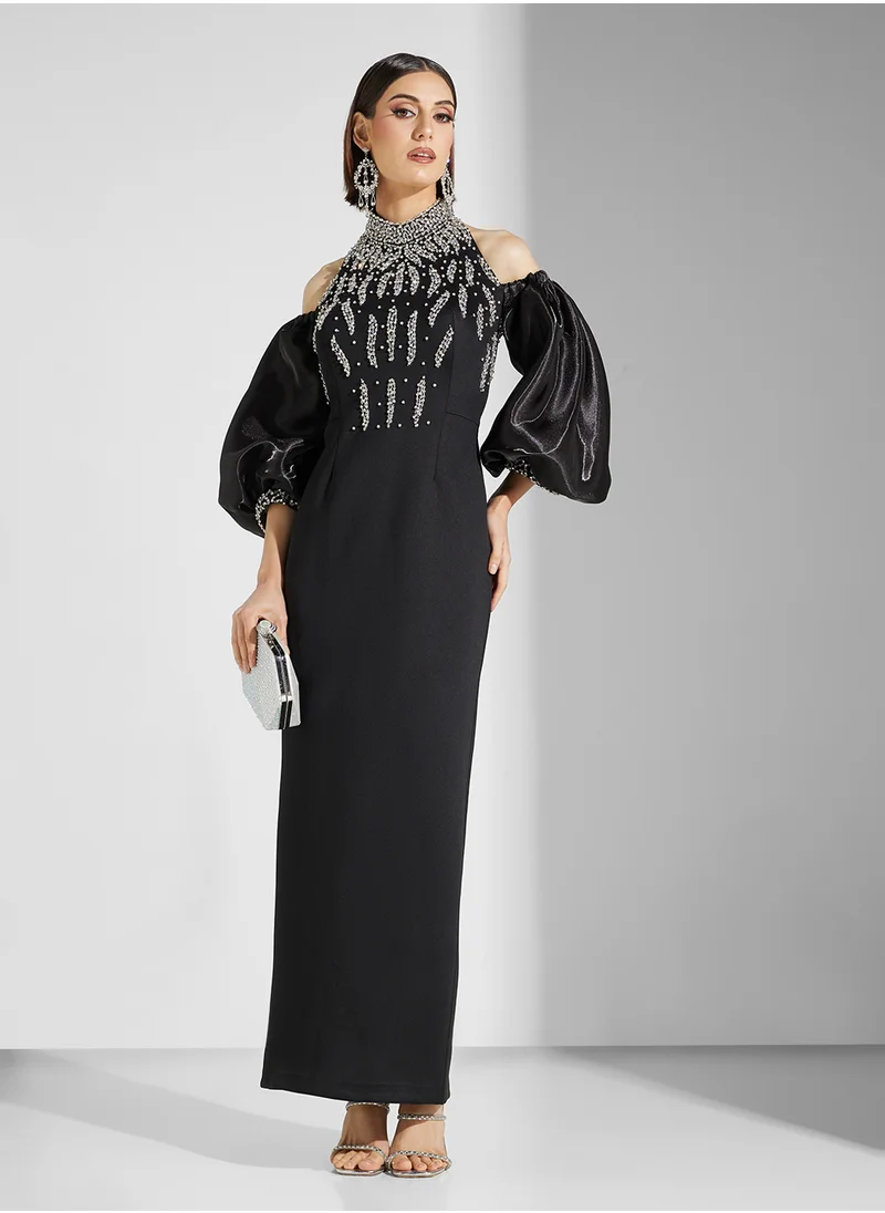 Namshi x Embellished Body Dress With Exaggerated Sleeves