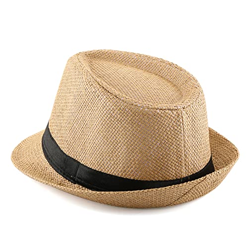FALETO Unisex Summer Panama Straw Fedora Hat Short Brim Beach Sun Cap Classic (#01 Khaki) - Image 4