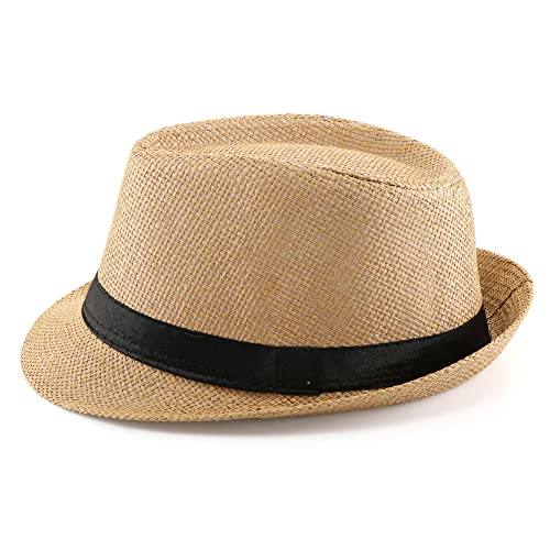 FALETO Unisex Summer Panama Straw Fedora Hat Short Brim Beach Sun Cap Classic (#01 Khaki) - Image 2